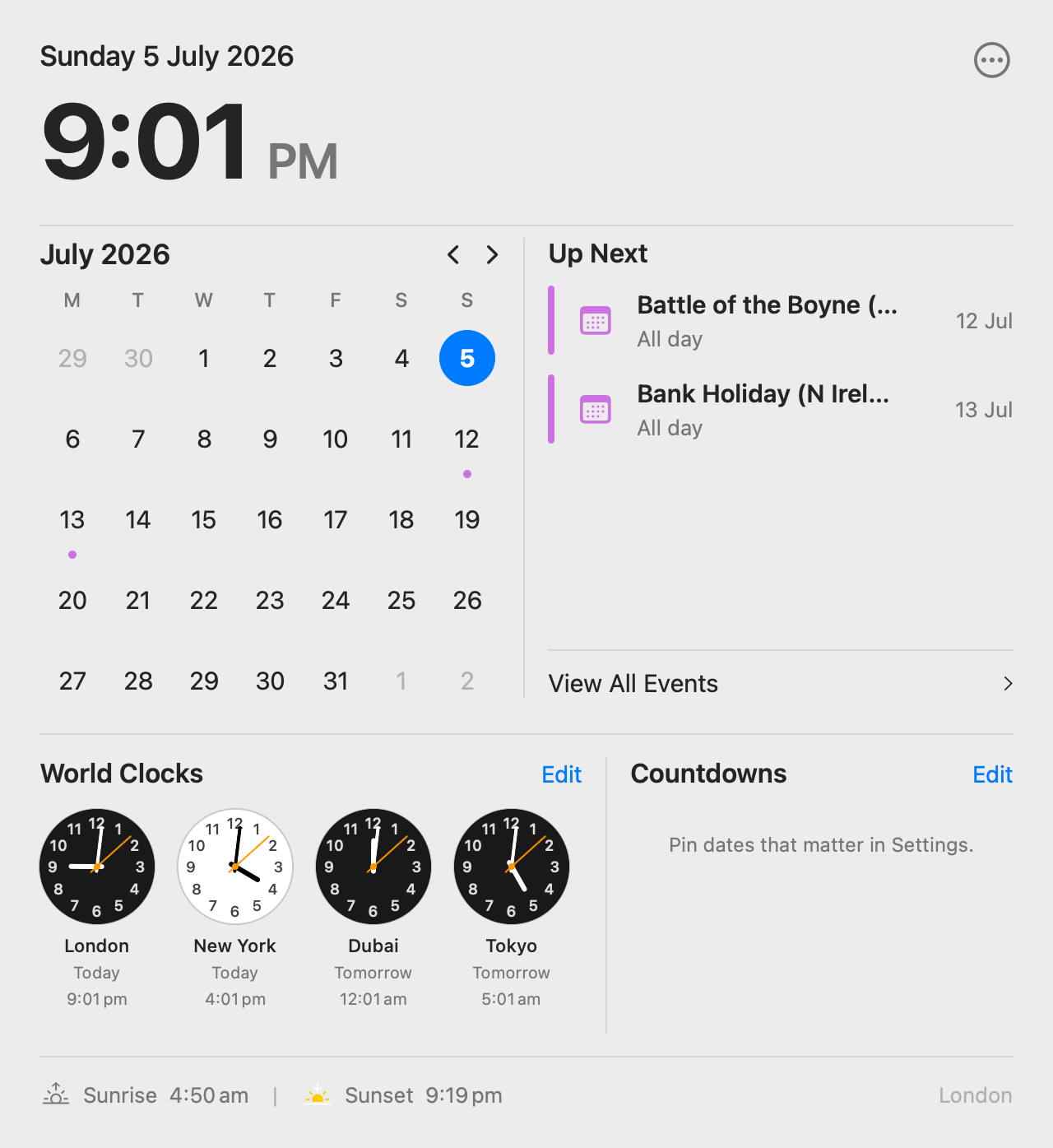Datesy calendar popover showing month grid, upcoming events, world clocks, countdowns and sunrise/sunset